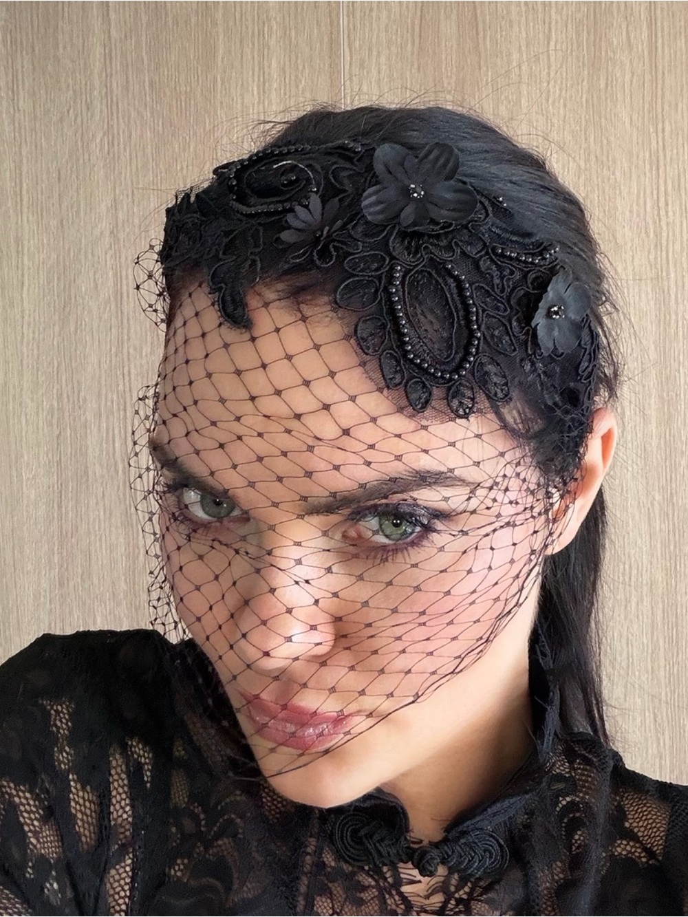 Black Floral Lace Veil Headband - Women Accessories